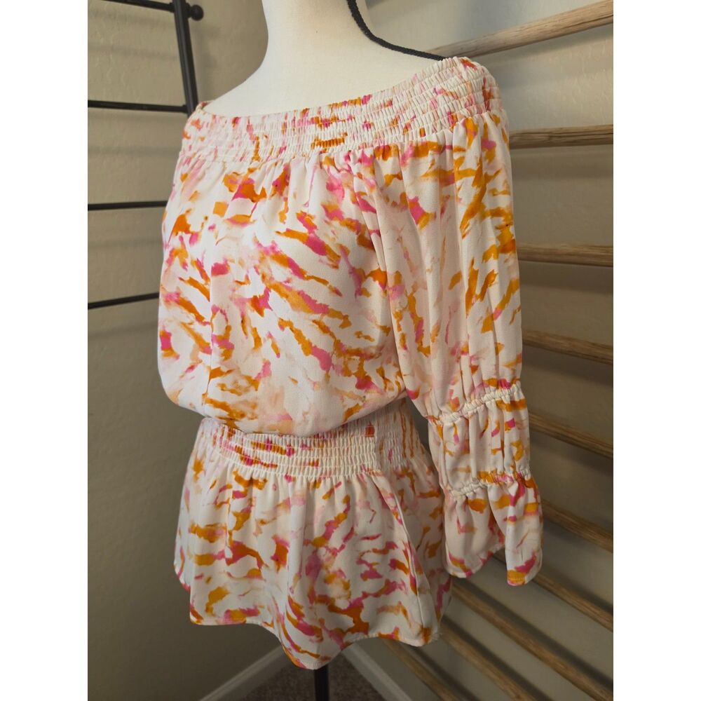 Cabi Drop-Off Blouse M #6202 Pink Orange Abstract Off Shoulder Smocked Peplum